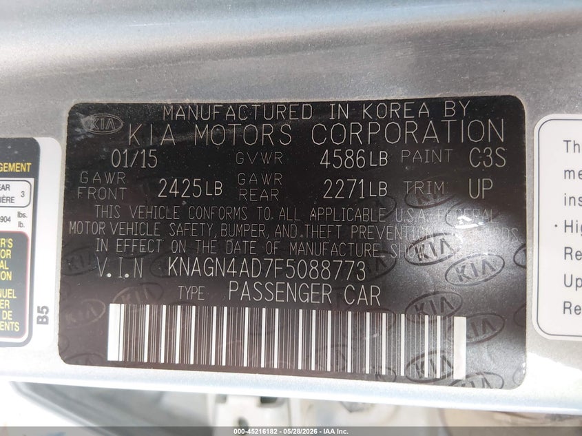 2015 Kia Optima VIN KNAGN4AD7F5088773 IAAI salvage auction — LEFT FRONT, Salvage Title, sold $975 on 2026-07-17 (photo 9)