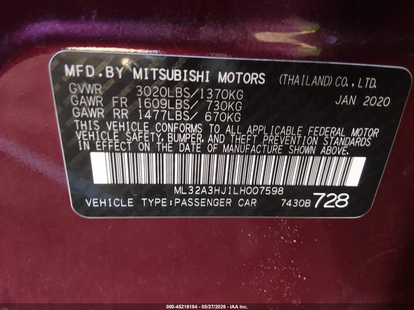 2020 Mitsubishi Mirage VIN ML32A3HJ1LH007598 IAAI salvage auction — LEFT FRONT, Salvage Title, sold $1,250 on 2026-07-28 (photo 9)