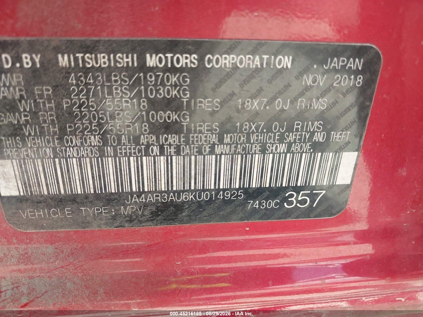 2019 Mitsubishi Outlander VIN JA4AR3AU6KU014925 IAAI salvage auction — ROLLOVER, Salvage Title, sold $900 on 2026-07-15 (photo 9)