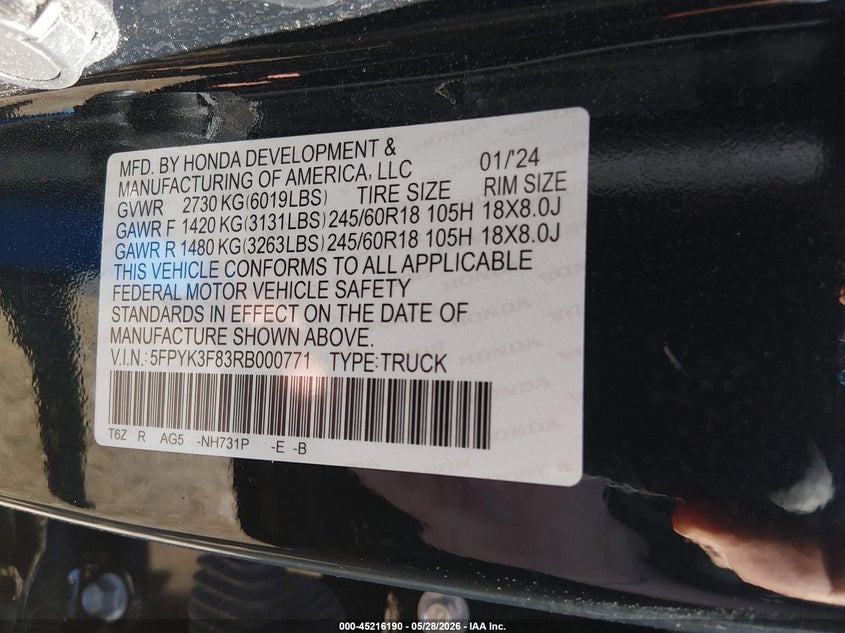 2024 Honda Ridgeline VIN 5FPYK3F83RB000771 IAAI salvage auction — LEFT REAR, Salvage (Massachusetts), sold $8,375 on 2026-07-24 (photo 9)