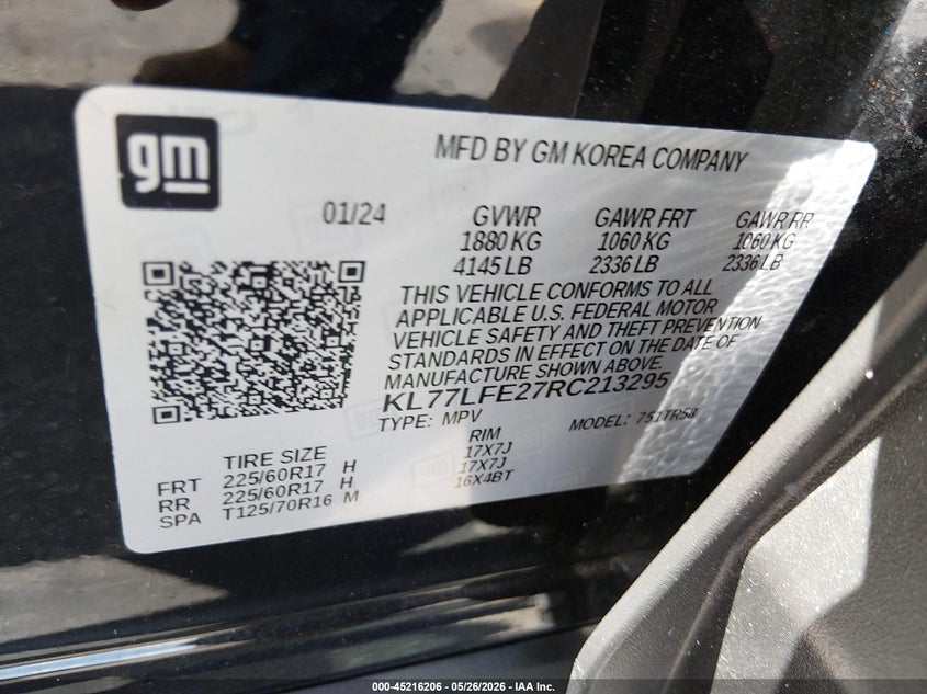 2024 Chevrolet Trax VIN KL77LFE27RC213295 IAAI salvage auction — RIGHT SIDE, Salvage Title, sold $5,650 on 2026-07-09 (photo 9)