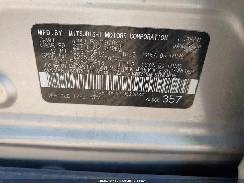2020 Mitsubishi Outlander VIN JA4AP4AU3LU023837 IAAI salvage auction — LEFT SIDE, Salvage Title, sold $3,300 on 2026-07-23 (photo 9)