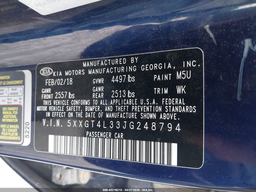 2018 Kia Optima VIN 5XXGT4L33JG248794 IAAI salvage auction — FRONT END, Salvage Title, sold $2,500 on 2026-07-22 (photo 9)