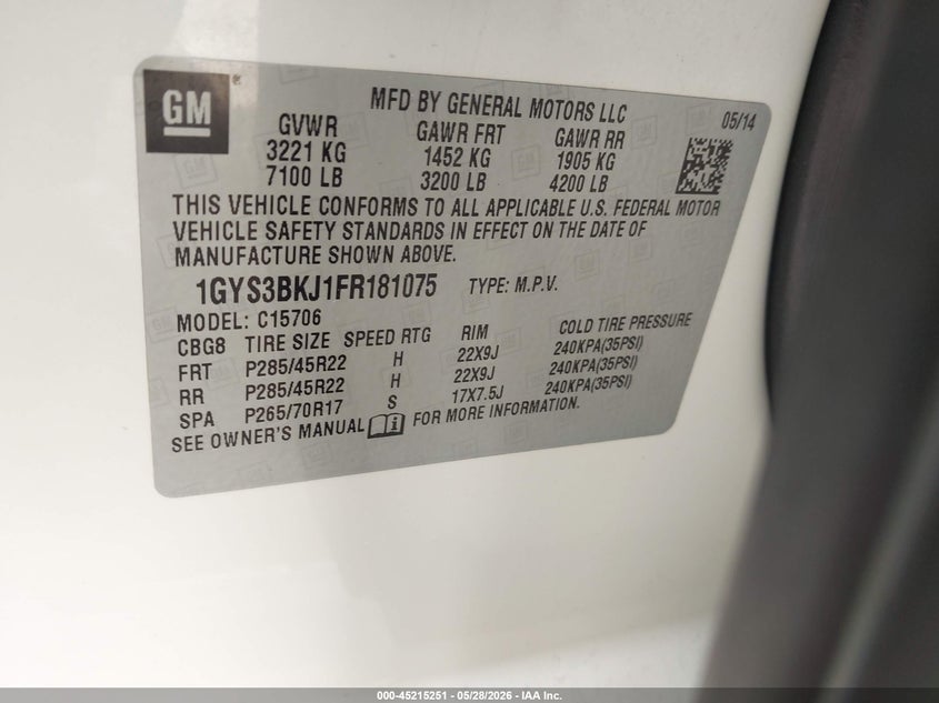 2015 Cadillac Escalade VIN 1GYS3BKJ1FR181075 IAAI salvage auction — FRONT END, Original (Texas), sold $6,600 on 2026-07-21 (photo 9)