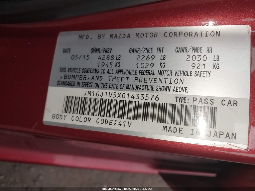 2016 Mazda 6 VIN JM1GJ1V5XG1433576 IAAI salvage auction — FRONT END, Salvage (New Jersey), sold $25 on 2026-07-29 (photo 9)