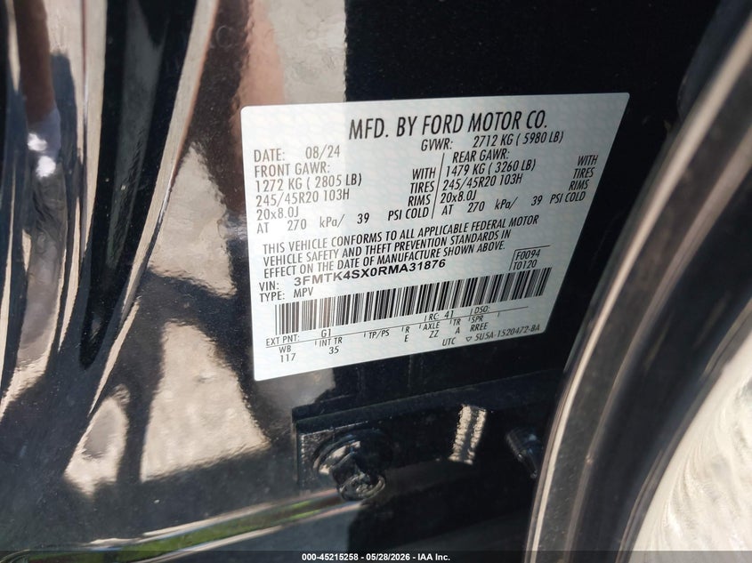 2024 Ford Mustang mach-e VIN 3FMTK4SX0RMA31876 IAAI salvage auction — FRONT END, Salvage Title, sold $12,100 on 2026-07-09 (photo 9)