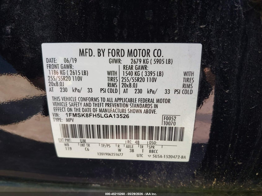 2020 Ford Explorer VIN 1FMSK8FH5LGA13526 IAAI salvage auction — FRONT END, Salvage Title, sold $4,800 on 2026-07-09 (photo 9)