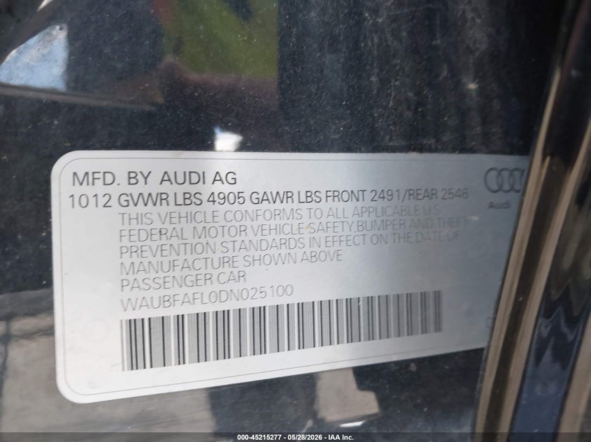 2013 Audi A4 VIN WAUBFAFL0DN025100 IAAI salvage auction — RIGHT FRONT, Mv-907A (New York), sold $25 on 2026-07-30 (photo 9)