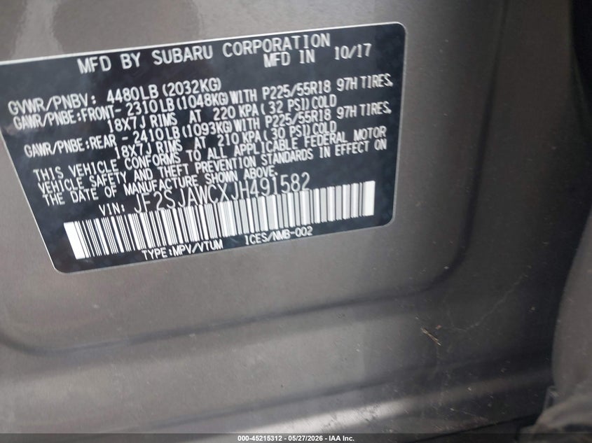 2018 Subaru Forester VIN JF2SJAWCXJH491582 IAAI salvage auction — FRONT END, Salvage Title, sold $50 on 2026-07-28 (photo 9)