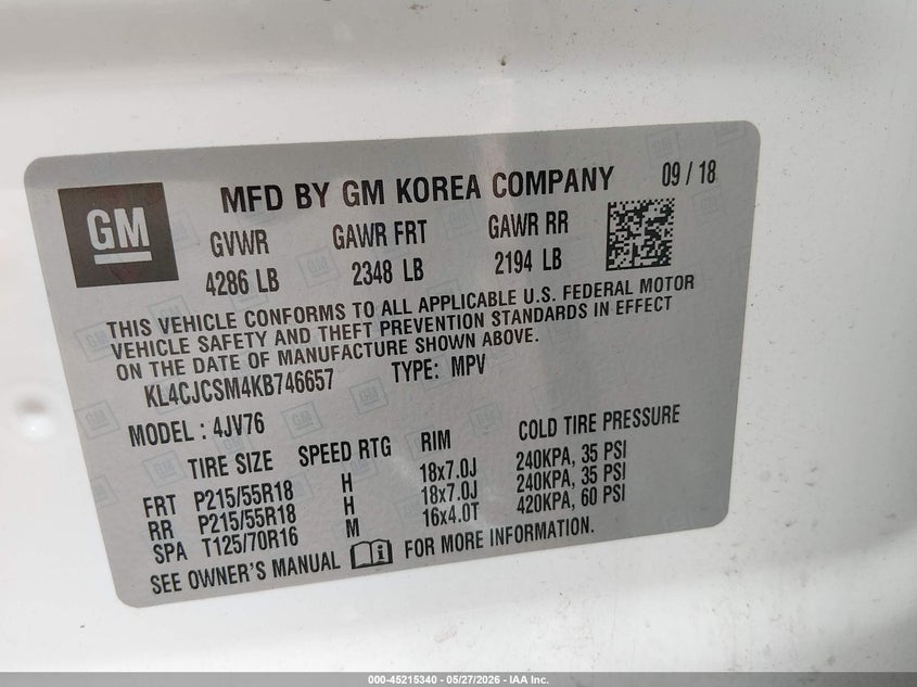 2019 Buick Encore VIN KL4CJCSM4KB746657 IAAI salvage auction — FRONT END, Salvage Title, sold $550 on 2026-07-23 (photo 9)