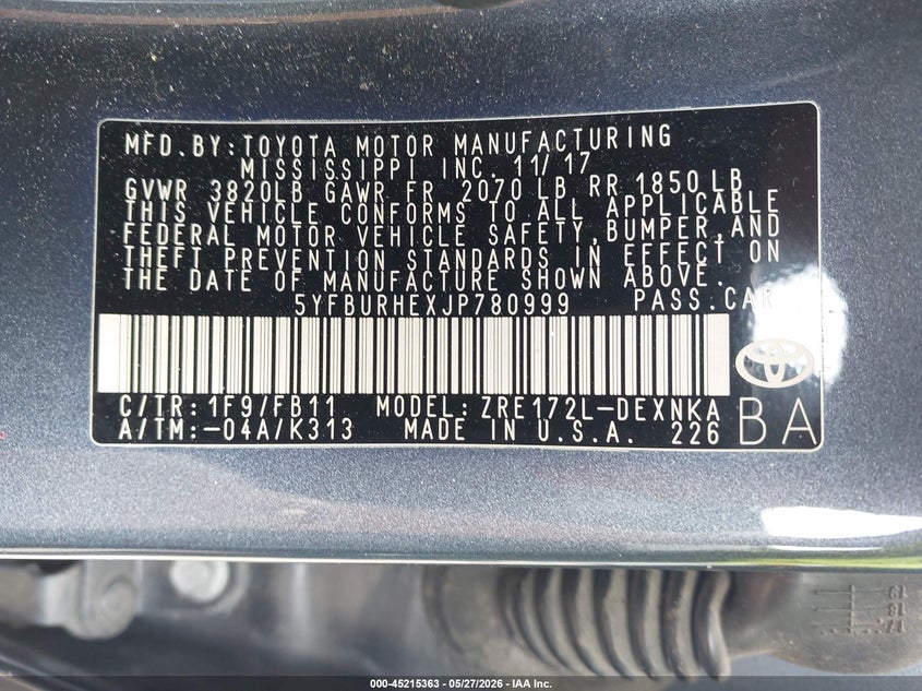 2018 Toyota Corolla VIN 5YFBURHEXJP780999 IAAI salvage auction — FRONT END, Salvage Title, sold $925 on 2026-07-21 (photo 9)