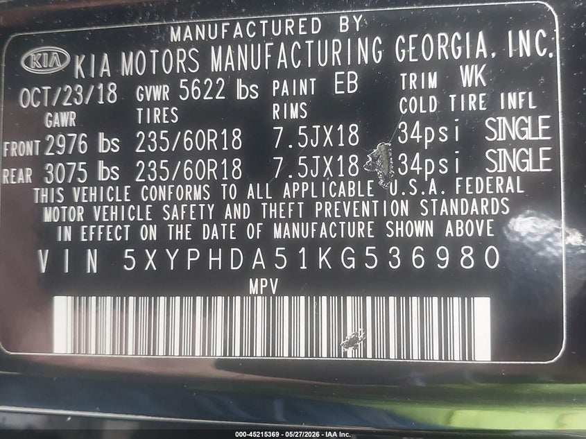 2019 Kia Sorento VIN 5XYPHDA51KG536980 IAAI salvage auction — FRONT END, Salvage - Greater Than 75% (Maryland), sold $1,450 on 2026-07-28 (photo 9)
