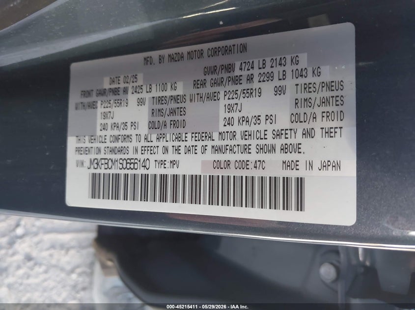 2025 Mazda Cx-5 VIN JM3KFBCM1S0656140 IAAI salvage auction — FRONT END, Salvage Title, sold $4,750 on 2026-07-09 (photo 9)