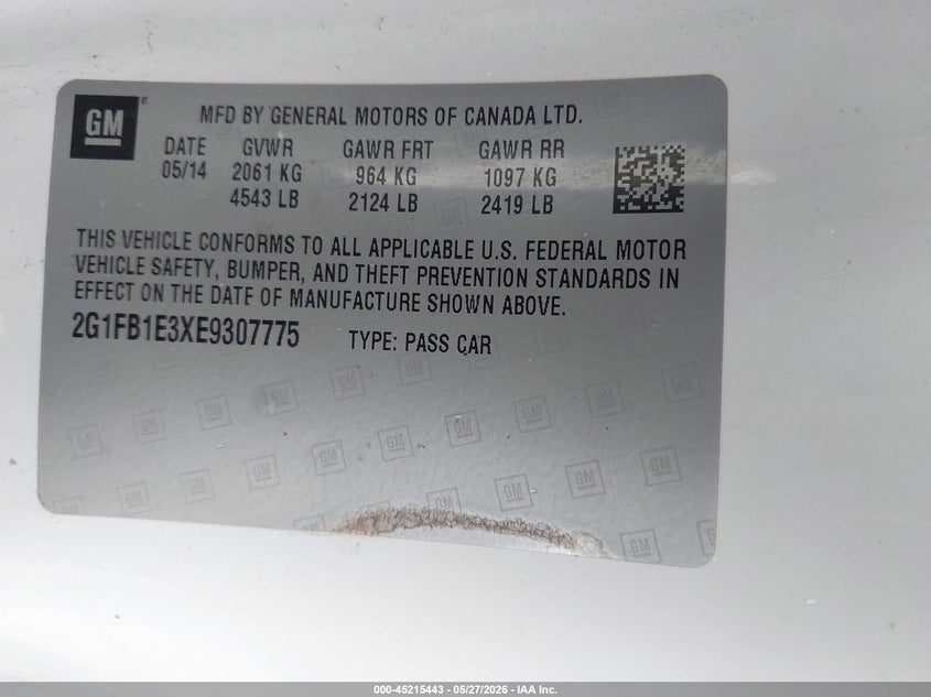 2014 Chevrolet Camaro VIN 2G1FB1E3XE9307775 IAAI salvage auction — FRONT END, Original (Texas), sold $2,650 on 2026-07-22 (photo 9)