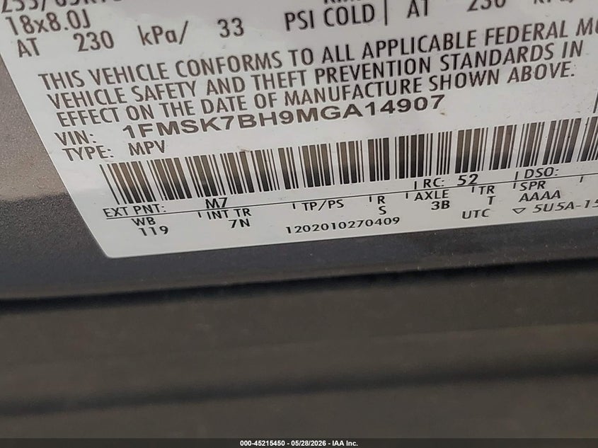 2021 Ford Explorer VIN 1FMSK7BH9MGA14907 IAAI salvage auction — HAIL, Original (Texas), sold $8,625 on 2026-08-21 (photo 9)