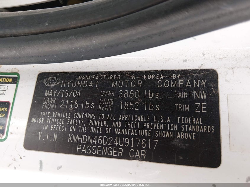 2004 Hyundai Elantra VIN KMHDN46D24U917617 IAAI salvage auction — FRONT & REAR, Original (Texas), sold $300 on 2026-07-15 (photo 9)