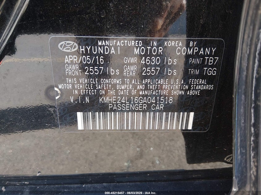 2016 Hyundai Sonata VIN KMHE24L16GA041518 IAAI salvage auction — SIDE, Salvage (Virginia), sold $625 on 2026-07-16 (photo 9)