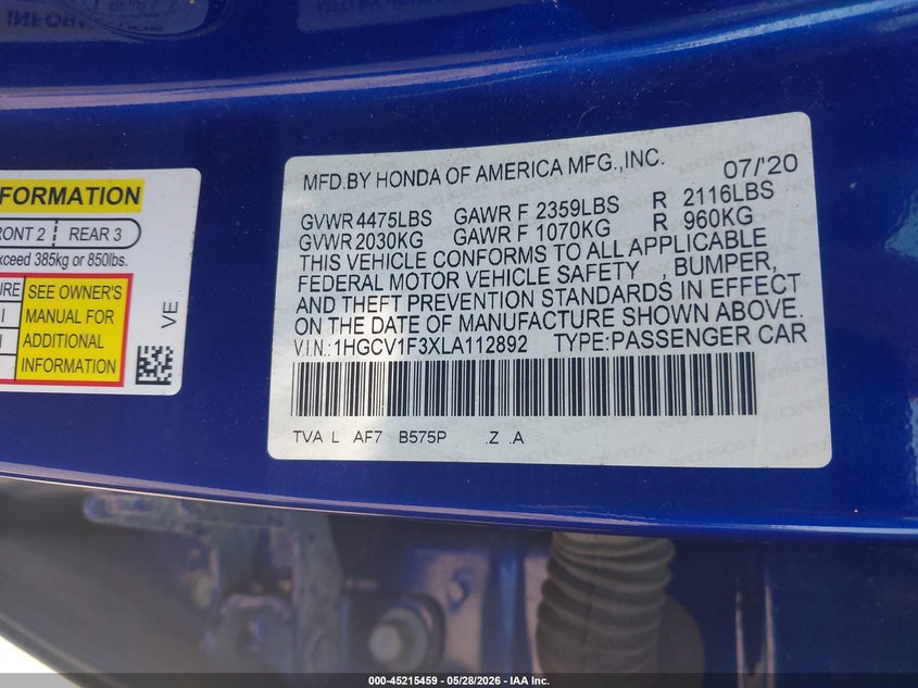 2020 Honda Accord VIN 1HGCV1F3XLA112892 IAAI salvage auction — REAR END, Salvage Title, sold $3,550 on 2026-07-27 (photo 9)
