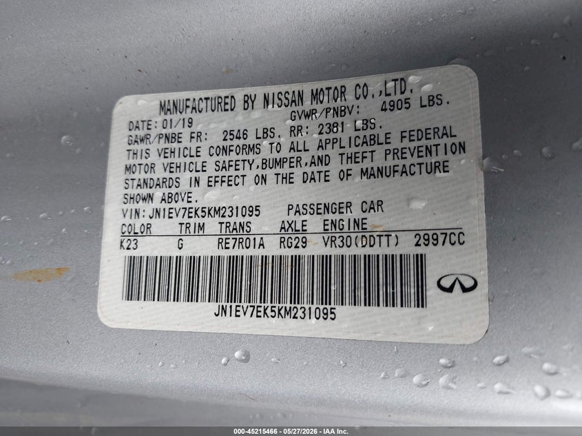 2019 Infiniti Q60 VIN JN1EV7EK5KM231095 IAAI salvage auction — FRONT END, Salvage Title, sold $2,400 on 2026-07-08 (photo 9)
