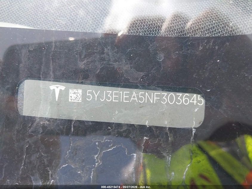 2022 Tesla Model 3 VIN 5YJ3E1EA5NF303645 IAAI salvage auction — RIGHT FRONT, Salvage Title, sold $7,800 on 2026-07-20 (photo 9)
