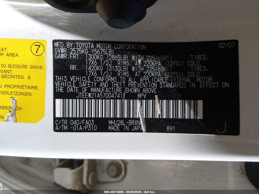 2007 Toyota Highlander hybrid VIN JTEEW21A570047411 IAAI salvage auction — REAR END, Clear (Montana), sold $1,450 on 2026-07-11 (photo 9)