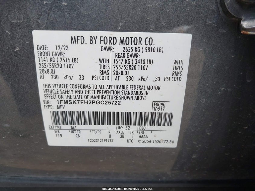 2023 Ford Explorer VIN 1FMSK7FH2PGC25722 IAAI salvage auction — WATER/FLOOD, Salvage Title, sold $11,600 on 2026-07-28 (photo 9)