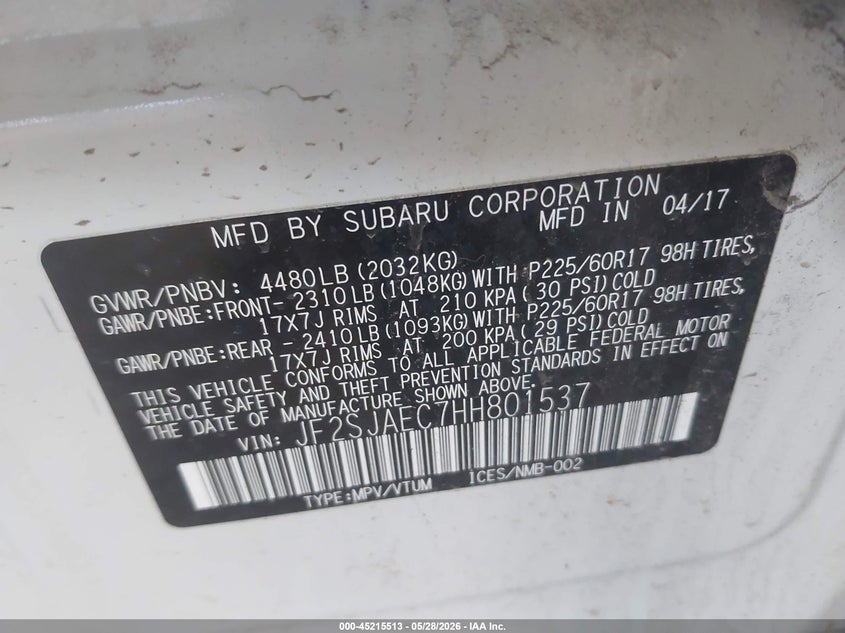 2017 Subaru Forester VIN JF2SJAEC7HH801537 IAAI salvage auction — FRONT END, Salvage Title, sold $550 on 2026-07-28 (photo 9)