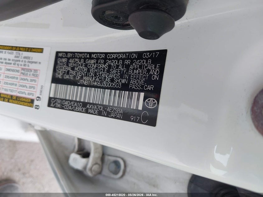 2018 Toyota Camry VIN JTNB11HK6J3000503 IAAI salvage auction — FRONT END, Salvage Title, sold $2,700 on 2026-07-21 (photo 9)