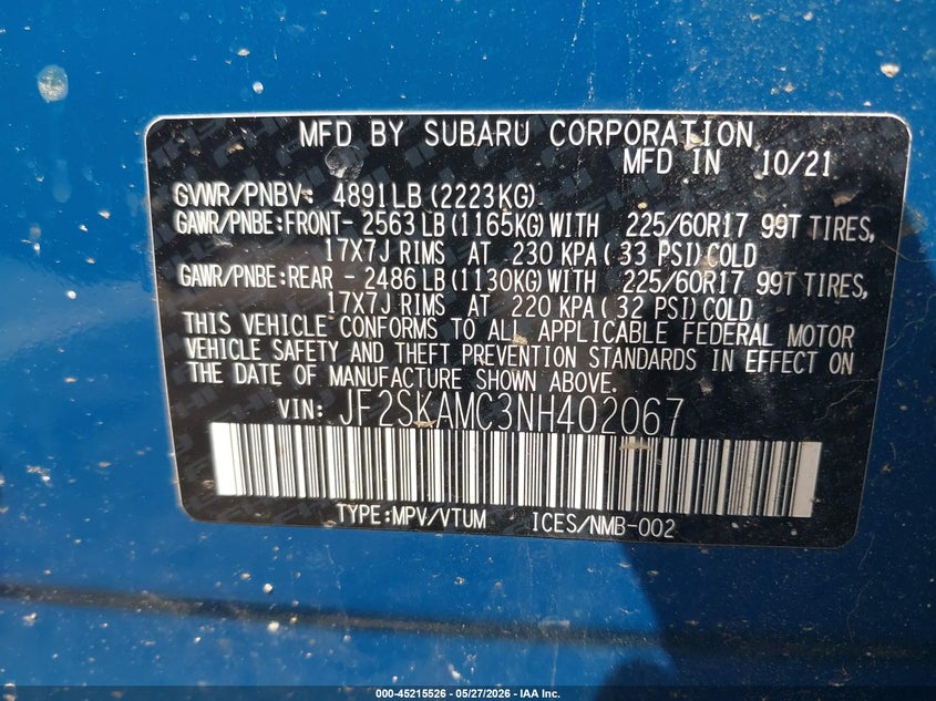 2022 Subaru Forester VIN JF2SKAMC3NH402067 IAAI salvage auction — FRONT END, Salvage (Massachusetts), sold $7,100 on 2026-07-17 (photo 9)