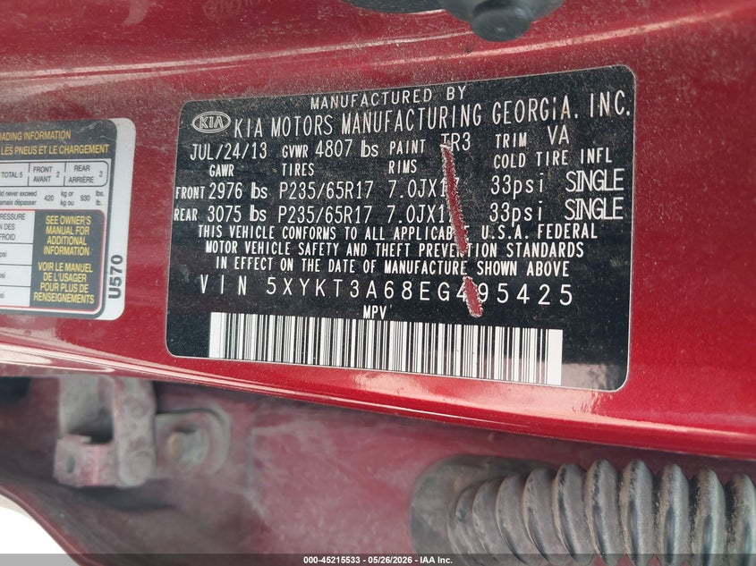 2014 Kia Sorento VIN 5XYKT3A68EG495425 IAAI salvage auction — FRONT END, Prior Salvage (Minnesota), sold $300 on 2026-07-29 (photo 9)