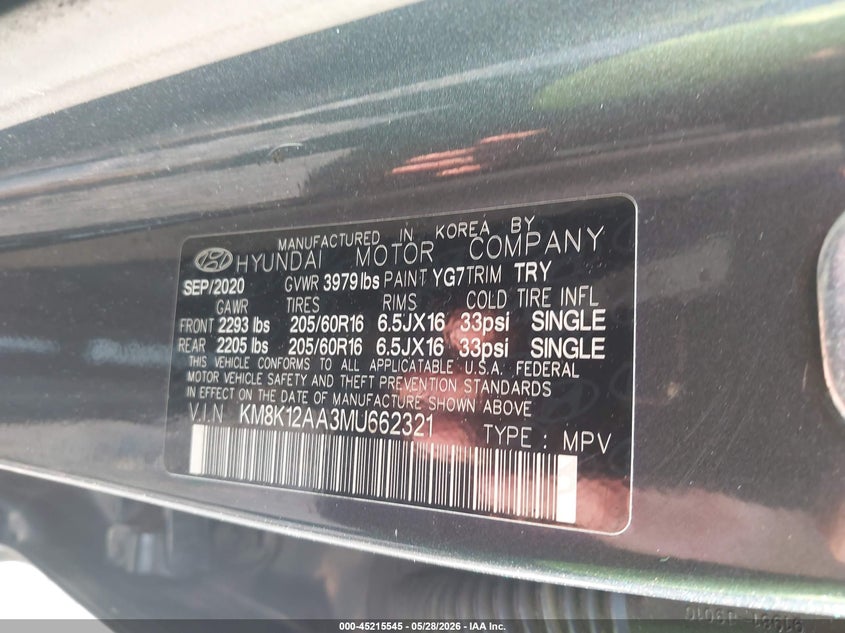 2021 Hyundai Kona VIN KM8K12AA3MU662321 IAAI salvage auction — FRONT END, Salvage Title, sold $2,100 on 2026-07-08 (photo 9)