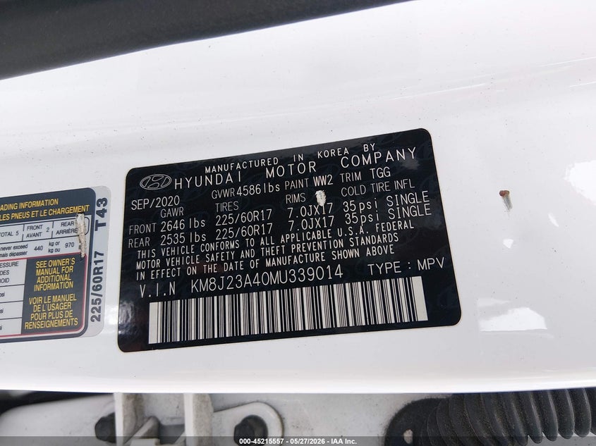 2021 Hyundai Tucson VIN KM8J23A40MU339014 IAAI salvage auction — SIDE, Salvage Title, sold $25 on 2026-07-12 (photo 9)