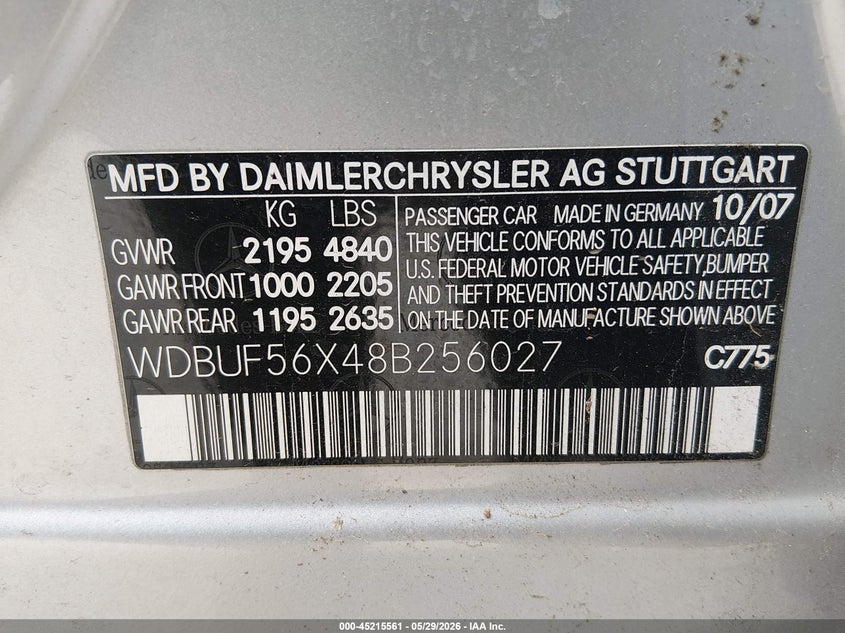2008 Mercedes-benz E-klasse VIN WDBUF56X48B256027 IAAI salvage auction — FRONT END, Salvage (Idaho), sold $1,100 on 2026-07-20 (photo 9)