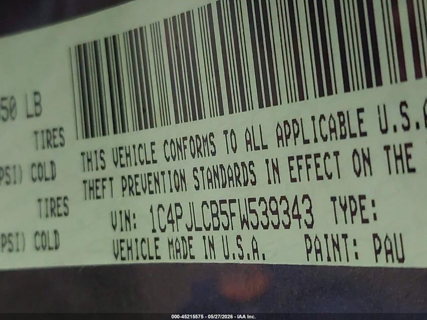 2015 Jeep Cherokee VIN 1C4PJLCB5FW539343 IAAI salvage auction — BIOHAZARD/CHEMICAL, Original (Texas), sold $300 on 2026-07-10 (photo 9)