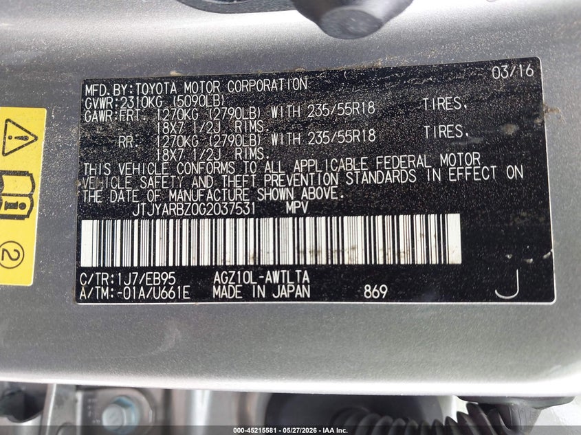 2016 Lexus Nx VIN JTJYARBZ0G2037531 IAAI salvage auction — LEFT FRONT, Salvage Title, sold $4,250 on 2026-07-10 (photo 9)