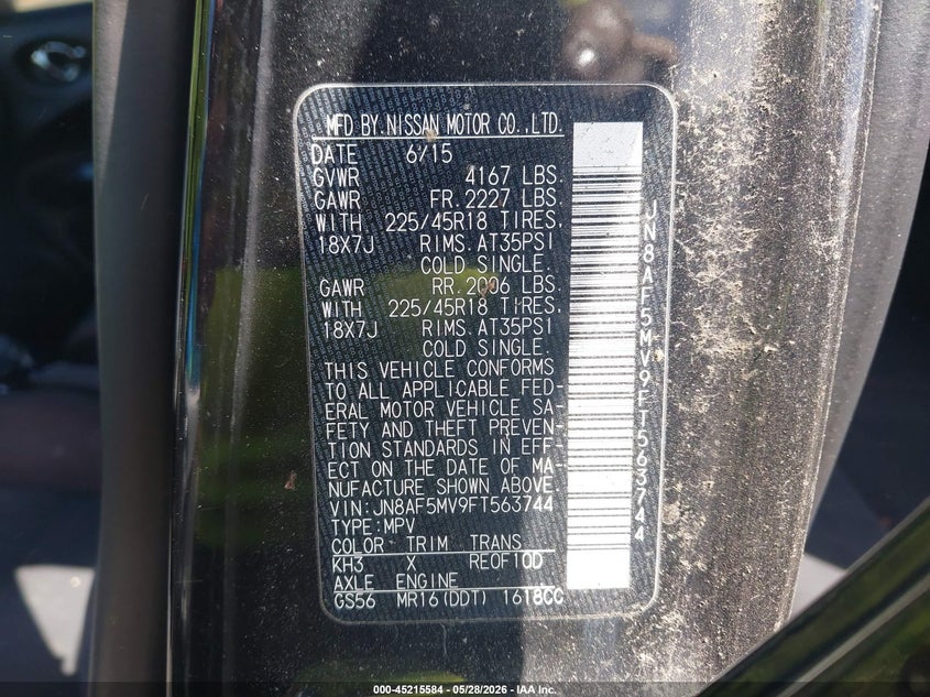 2015 Nissan Juke VIN JN8AF5MV9FT563744 IAAI salvage auction — FRONT END, Salvage Title, sold $700 on 2026-07-14 (photo 9)