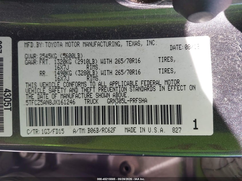 2018 Toyota Tacoma VIN 5TFCZ5AN8JX161246 IAAI salvage auction — FRONT END, Salvage Title, sold $6,600 on 2026-07-19 (photo 9)