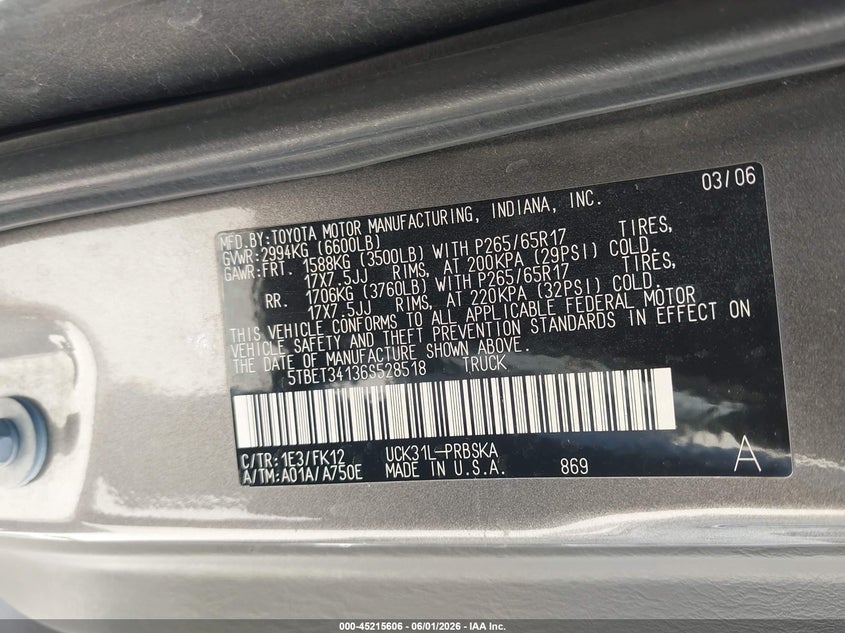 2006 Toyota Tundra VIN 5TBET34136S528518 IAAI salvage auction — LEFT SIDE, Original (Texas), sold $3,050 on 2026-07-16 (photo 9)
