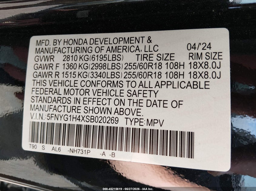 2025 Honda Pilot VIN 5FNYG1H4XSB020269 IAAI salvage auction — RIGHT SIDE, Salvage Title, sold $10,600 on 2026-07-27 (photo 9)