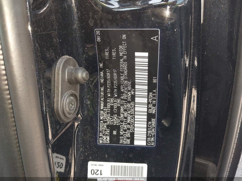 2020 Toyota Sienna VIN 5TDYZ3DC7LS082485 IAAI salvage auction — FRONT END, Mv-907A (New York), sold $4,550 on 2026-07-15 (photo 9)