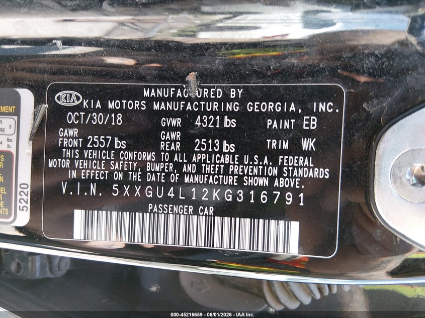 2019 Kia Optima VIN 5XXGU4L12KG316791 IAAI salvage auction — FRONT END, Salvage (Iowa), sold $2,000 on 2026-07-28 (photo 9)