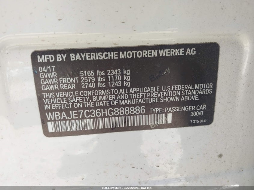 2017 BMW 5er VIN WBAJE7C36HG888886 IAAI salvage auction — LEFT & RIGHT, Salvage (Massachusetts), sold $11,200 on 2026-07-31 (photo 9)