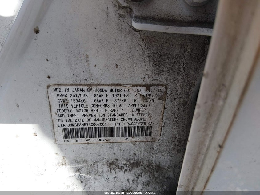 2011 Honda Fit VIN JHMGE8H57BC002004 IAAI salvage auction — FRONT END, Clear (Alabama), sold $375 on 2026-07-16 (photo 9)