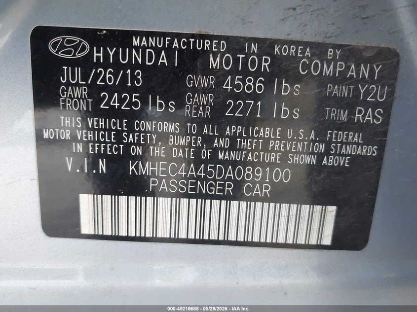 2013 Hyundai Sonata VIN KMHEC4A45DA089100 IAAI salvage auction — LEFT FRONT, Salvage (Utah), sold $425 on 2026-07-06 (photo 9)