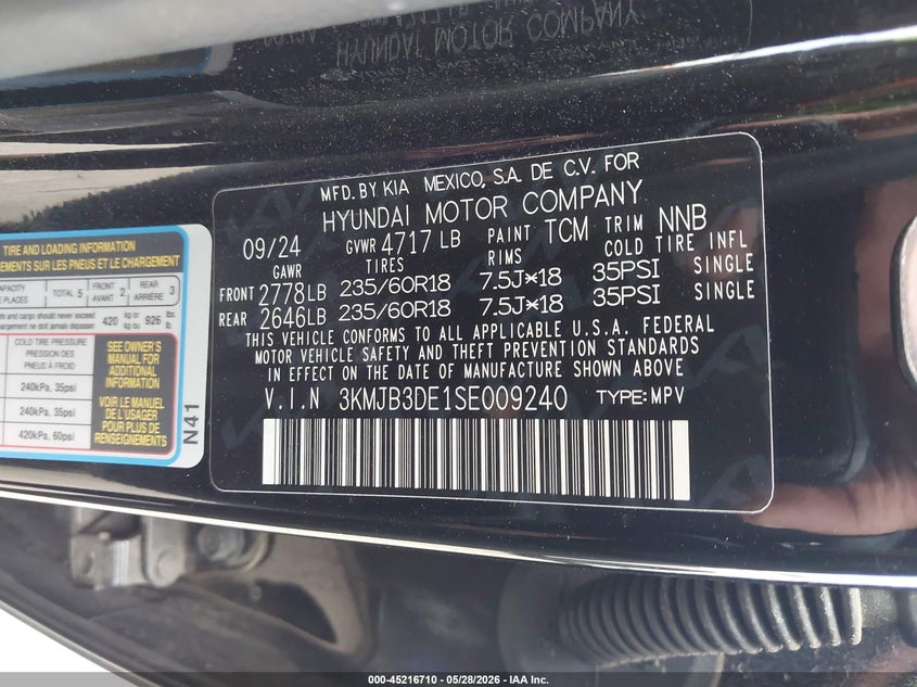 2025 Hyundai Tucson VIN 3KMJB3DE1SE009240 IAAI salvage auction — HAIL, Original (Texas), sold $12,650 on 2026-08-25 (photo 9)