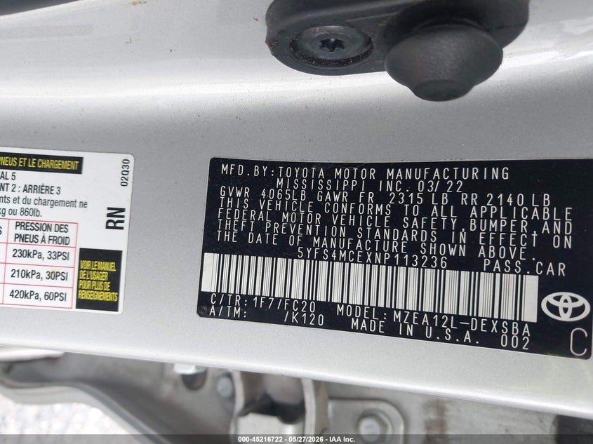 2022 Toyota Corolla VIN 5YFS4MCEXNP113236 IAAI salvage auction — FRONT END, Salvage Title, sold $6,400 on 2026-07-22 (photo 9)