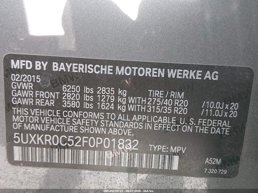 2015 BMW X5 VIN 5UXKR0C52F0P01832 IAAI salvage auction — FRONT END, Salvage Title, sold $1,600 on 2026-07-24 (photo 9)