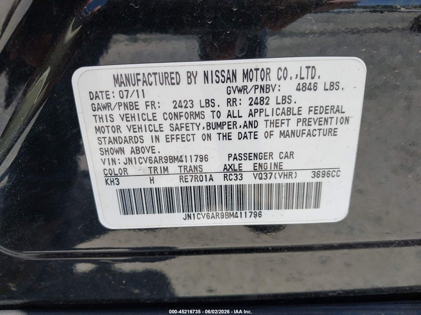 2011 Infiniti G37 VIN JN1CV6AR9BM411796 IAAI salvage auction — LEFT SIDE, Salvage (Kentucky), sold $25 on 2026-07-29 (photo 9)