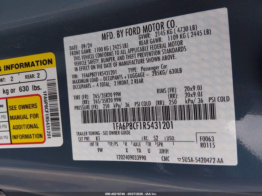 2024 Ford Mustang VIN 1FA6P8CF1R5431201 IAAI salvage auction — FRONT END, Salvage Title, sold $17,000 on 2026-07-28 (photo 9)