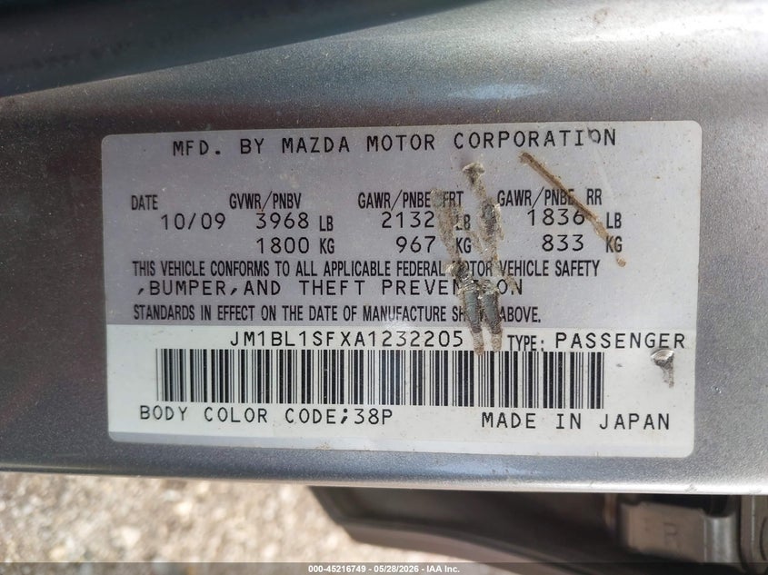 2010 Mazda 3 VIN JM1BL1SFXA1232205 IAAI salvage auction — LEFT FRONT, Salvage (Alabama), sold $225 on 2026-07-22 (photo 9)